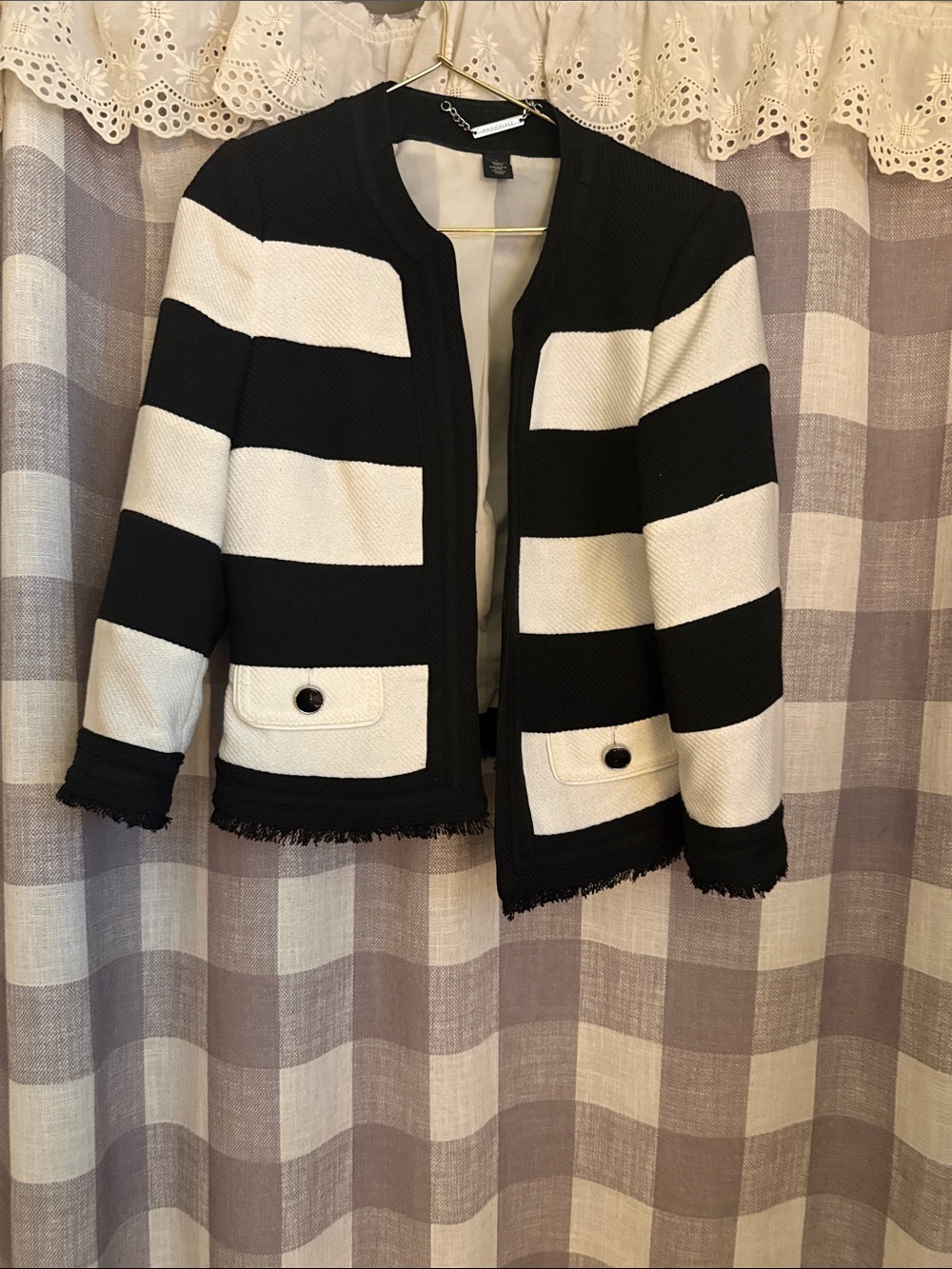 White House Black Market Black and White Striped Fringe Hem Blazer